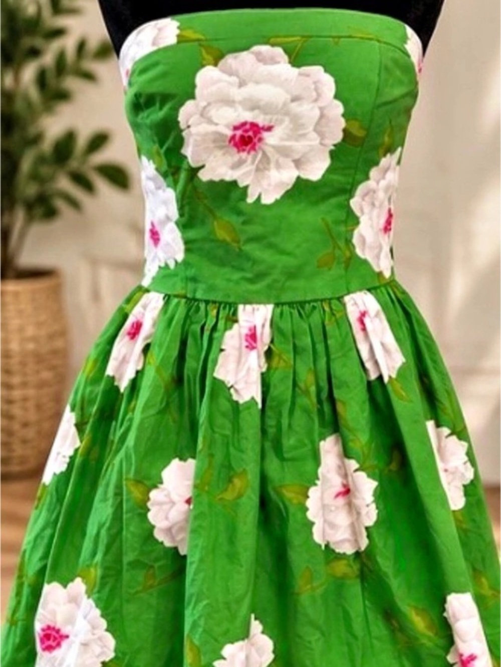 Abercrombie & Fitch Green Floral Strapless Fit Flare Dress Size M Cotton